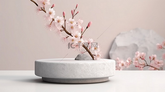 优雅的石质平台具有简约的产品展示和 3D 场景渲染的白色背景上的花朵