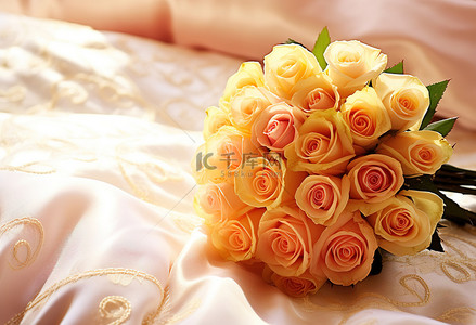 玫瑰婚礼背景图片_床上的粉红玫瑰婚礼花束