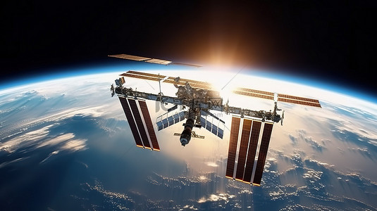 人造卫星矢量背景图片_国际空间站 ISS 绕地球大气层运行的 3D 渲染
