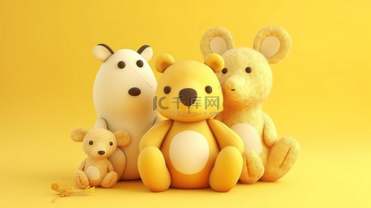 可爱的毛绒熊和兔子在阳光明媚的黄色背景下的 3D 渲染场景中