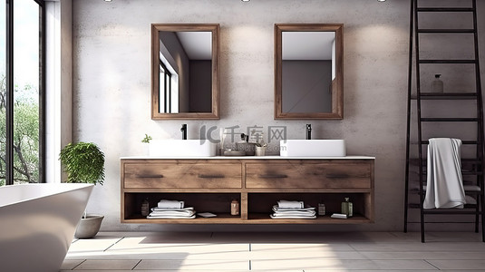 梯背景图片_现代浴室设计，配有双水槽木柜和装饰梯毛巾，并配有窗户 3D 渲染