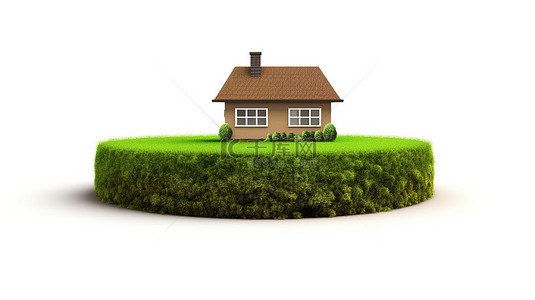白色背景圆形草坪上一座房子的 3d 插图