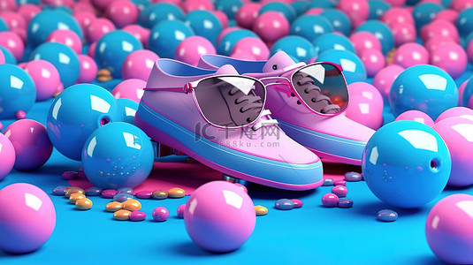 鞋背景黑背景图片_蓝色背景 3d 渲染上的彩色球围绕粉色滑冰鞋和眼镜