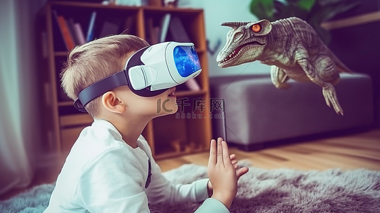 孩子在家玩 3D 视频游戏，通过 VR 眼镜沉浸在虚拟现实恐龙中