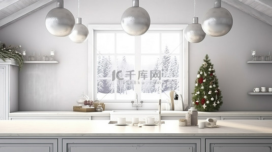 圣诞节主题厨房室内样机的 3D 渲染
