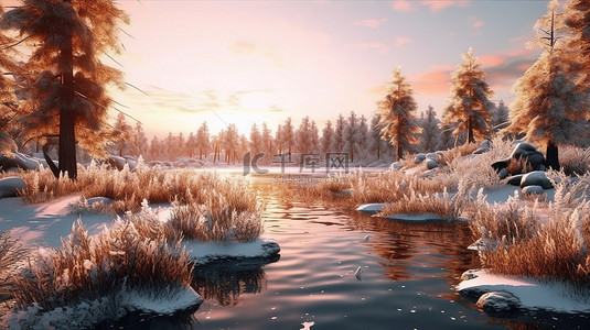 冬季仙境，黄金时段的冰冻湖泊，3D 中白雪皑皑的树木和灌木丛