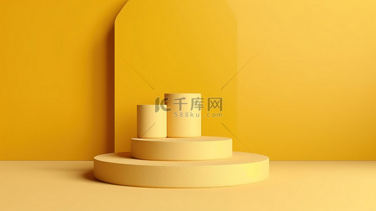 浅黄色背景带台阶的圆柱讲台上平躺产品展示的抽象组合