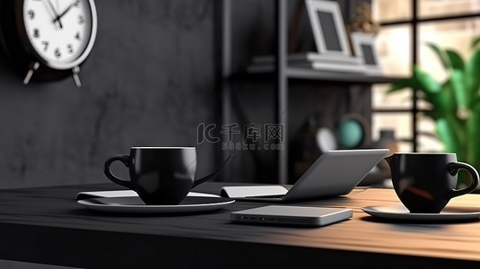 时尚的黑色工作区，带笔记本电脑时钟咖啡杯和 3D 渲染工作台
