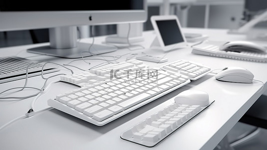 特写桌面背景图片_时尚白色办公桌的 3D 渲染，配有电脑键盘鼠标和特写配件
