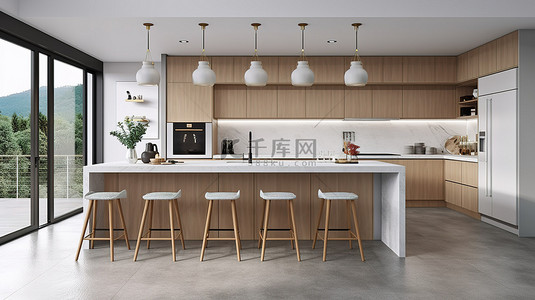 令人惊叹的现代厨房，配有 3D 渲染的别致餐厅吧台