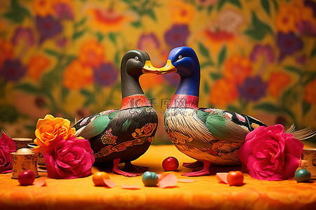 木鹅背景图片_彩色桌布上的两只木鸭