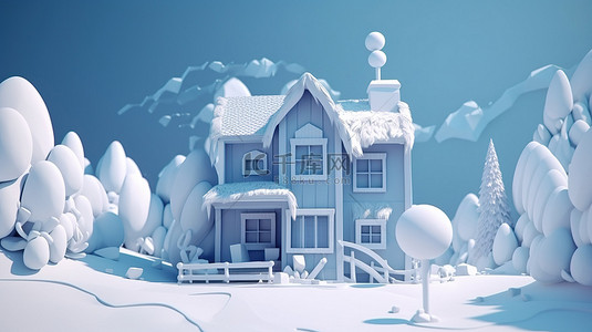 大自然景背景图片_被大自然包围的抽象冬季房屋的卡通风格 3D 渲染