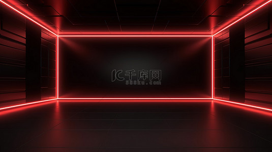 带有充满活力的红色 LED 照明的当代黑色房间的 3D 渲染
