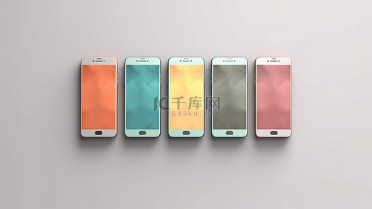 手机场景展示样机背景图片_具有多种颜色选项的手机 3D 渲染