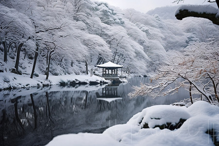 冬天雪景和人背景图片_一个池塘被树木和雪覆盖