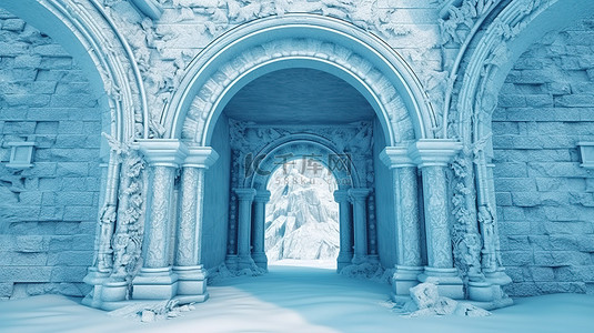 双色调 3D 渲染带有蓝色中世纪拱门的封闭城堡大门