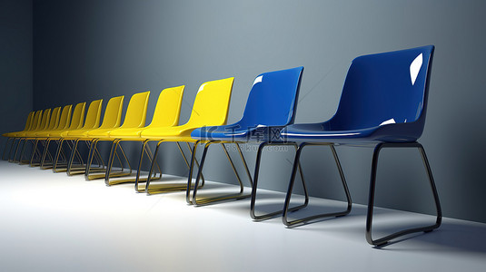 黄色椅子在 3D 渲染中的一排蓝色椅子中弹出