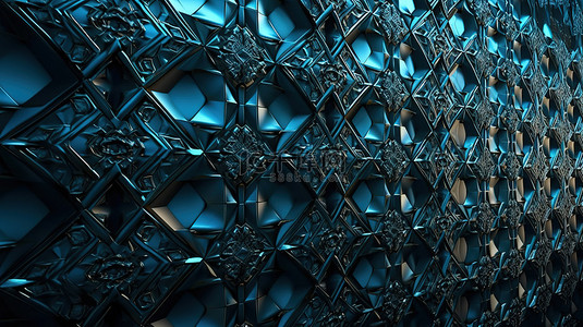 时尚现代的 3D 渲染蓝色金属纹理墙，具有建筑内部图案