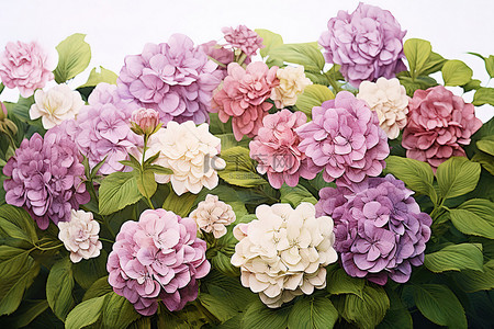 植物群背景图片_一群花，周围都是紫色和绿色的大花
