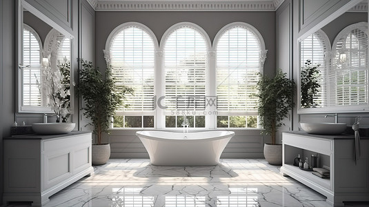 高清自然风光背景图片_现代而永恒的优雅 3D 渲染的浴室，拥有豪华的瓷砖装饰和风景如画的自然风光