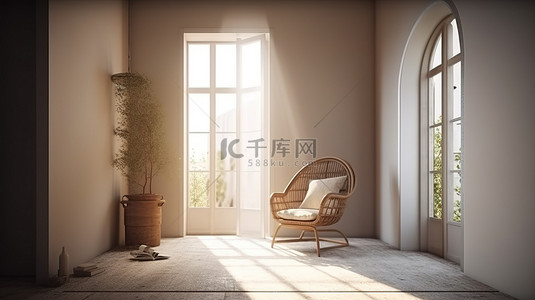 窗边场景背景图片_室内场景 3D 渲染和窗边配有无纺扶手椅的坐角插图