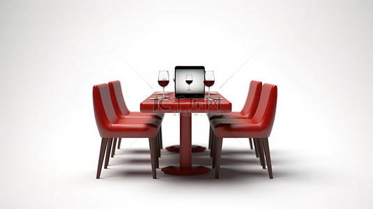 婚宴预订背景图片_3D 再现了预订餐厅桌椅的场景，配有红酒智能手机和白色背景上的预订按钮