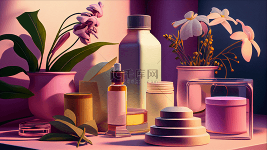 小瓶子样机背景图片_化妆品鲜花粉紫瓶背景