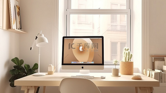 最小家庭办公室的 3D 渲染，配有时尚舒适的斯堪的纳维亚内饰和计算机模型
