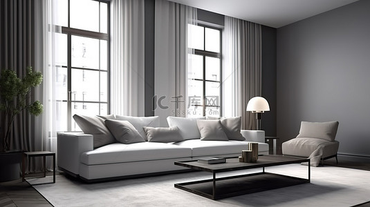 带沙发的 3d 渲染现代客厅的寒冷氛围