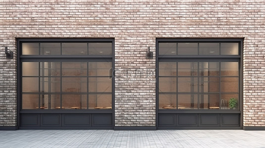店面的空水平窗户用于产品展示或设计 3D 渲染与砖墙和阁楼风格