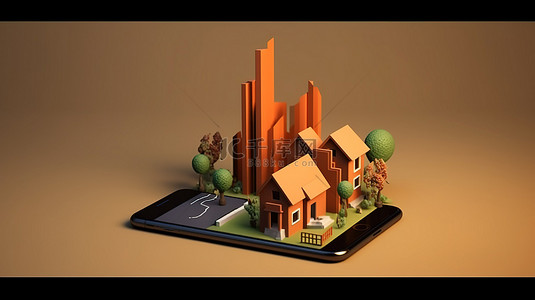 金融背景手机背景图片_房地产业务图的 3D 插图，其中包括房屋和手机，空白屏幕象征着增长