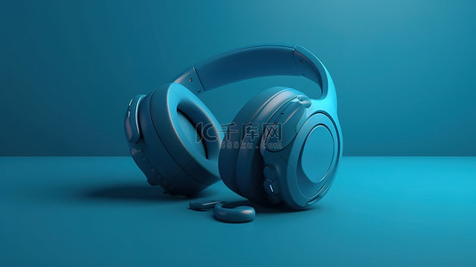 拍中背景图片_3d 渲染中的蓝色耳机设置在蓝色背景下