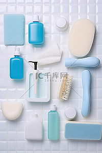 消毒工具和配件，如肥皂海绵肥皂泵刷子牙刷和浴室棉线