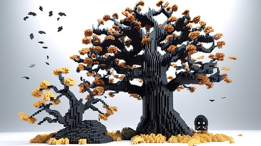 3D 像素卡通风格的黑色干树非常适合秋季和万圣节装饰