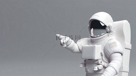 宇航员手指指向并举着白色横幅的 3D 插图设计