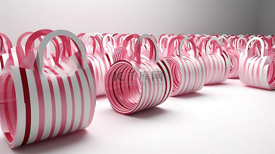 粉色店铺背景背景图片_白色背景下 3D 渲染中粉红色条纹购物袋的圆形形成