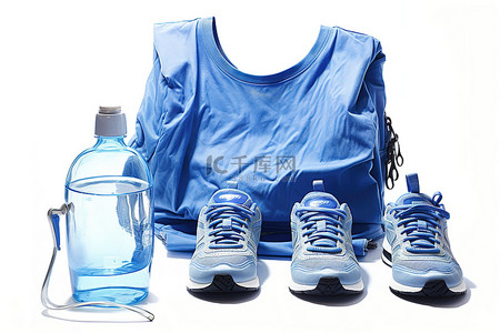 蓝色衣服背景图片_白色背景上一个人的蓝色衣服和运动鞋健身包和瓶子