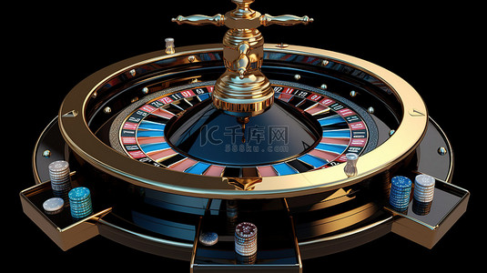 带有蓝色球和金色扑克牌的光滑黑色赌场轮盘赌轮盘的惊人 3d 渲染带有剪裁路径