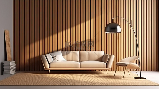 时尚的客厅配有木板条壁挂沙发椅和现代 3D 落地灯