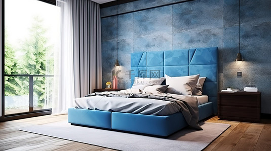 现代卧室配有一张蓝色双人床石膏镶板床头柜和抽屉柜，令人惊叹的 3D 渲染