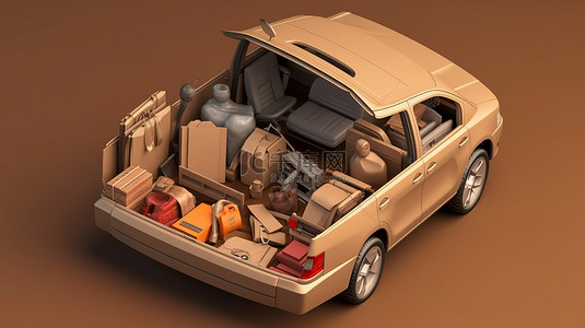 棕色车轮背景图片_带有开放式后备箱的棕色客车，里面装满了 3D 等距模型