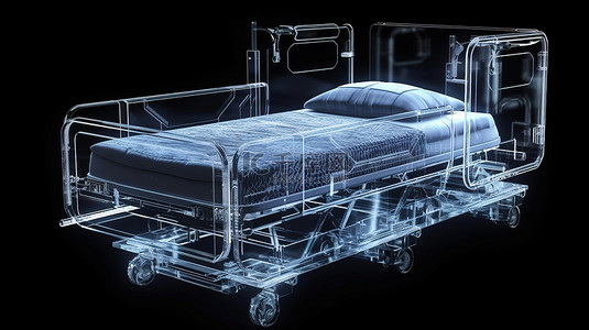 电动医院病床在 x 射线视图 3d 渲染黑色背景