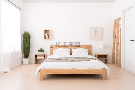 储物背景图片_一张铺有白色地板和简单木储物的床