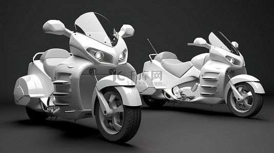 位于灰色背景上的白色城市运动两座摩托车的 3D 插图