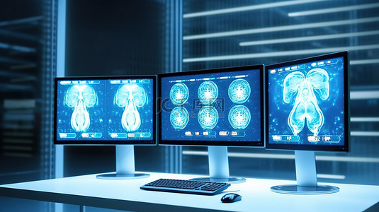 核磁共振实验室使用 3D 渲染在监视器上显示 X 射线大脑