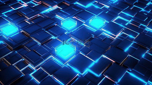 蓝色霓虹灯网格背景的复古未来派 3D 渲染