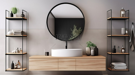 空间时尚背景图片_现代时尚的浴室空间，配有圆形梳妆镜柜和 3D 插图容器水槽