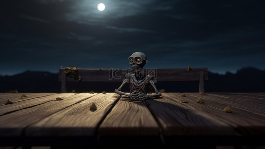 月光下的 3D 僵尸透过木桌凝视