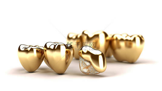 健康的牙齿，具有金色光泽 3D 渲染设置在白色背景上，以保证牙齿健康