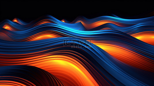 科技橙色背景图片_发光的蓝色和橙色几何波相交的抽象 3D 插图
